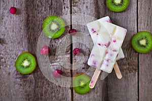 Summer fruits and berry homemade lolly pops ice cream. Group of