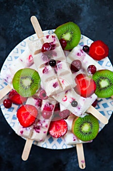 Summer fruits and berry homemade lolly pops ice cream. Group of