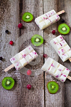 Summer fruits and berry homemade lolly pops ice cream. Group of