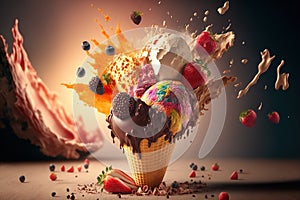 Summer fruits on delicious chocolate ice cream, splashing in an explosion of color and flavor, studio lighting for advertising. Ai