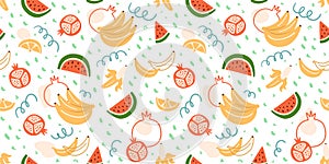 Summer fruits pattern. Pomegranate seamless pattern, banana pattern, watermelon pattern. Exotic fruits