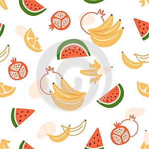 Summer fruits pattern. Pomegranate seamless pattern, banana pattern, watermelon pattern. Fruits print