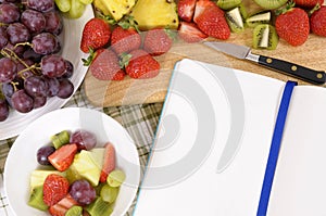 Summer fruits salad selection, recipe book, cookbook, copy space