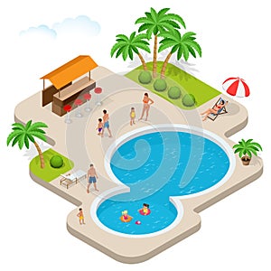 Summer fun at aqua park. Child with parents on water slide at aquapark. Summer holiday. Flat 3d vector isometric