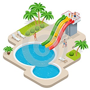 Summer fun at aqua park. Child with parents on water slide at aquapark. Summer holiday. Flat 3d vector isometric