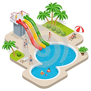 Summer fun at aqua park. Child with parents on water slide at aquapark. Summer holiday. Flat 3d vector isometric