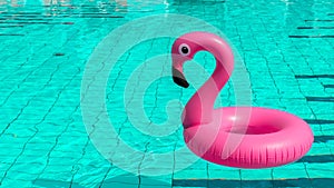 Summer fun beach. Pink inflatable flamingo in pool water for summer beach background. Funny bird toy for kids.