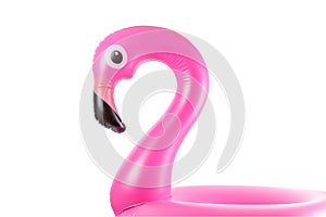 Summer fun beach. Pink pool inflatable flamingo for summer beach isolated on white background. Funny bird toy for kids