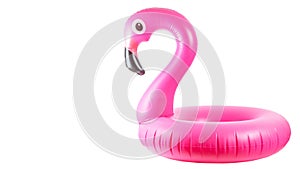 Summer fun beach. Pink pool inflatable flamingo for summer beach isolated on white background. Funny bird toy for kids
