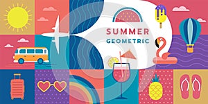 Summer fun. Beach vacation. Geometric banner. Abstract campaign element. Festival sale poster. Tropical event. Flyer