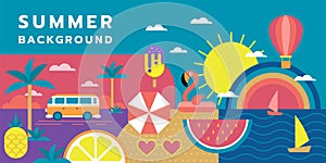 Summer fun. Beach Vacation poster design. Cocktail geometric banner. Patterned elements. Summertime journey concept