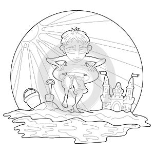 Summer fun coloring page. Boy on the beach. Antistress for kids and adults.