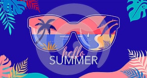 Summer fun concept design. Creative background of landscape, panorama of sea and summer beach on sunglasses. Summer sale