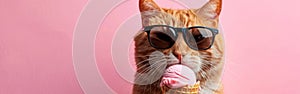 Summer Fun with a Cool Cat: Hilarious Pet Photography Banner Featuring a Feline Enjoying Ice Cream on Apricot Background