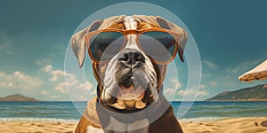 Summer Fun Cute Boxer Dog Wearing Sunglasses and Posing with a Funny Face on the Beach. Generative AI