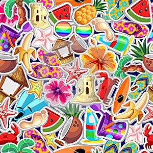 Summer Fun Elements Stickers, coconuts, bananas, hibiscus, kayak, watermelon, starfish, crab and more, vector seamless pattern