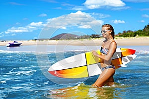 Summer Fun. Happy Healthy Surfer Woman In Sea. Travel Vacation.