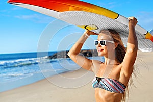 Summer Fun, Holidays Travel Vacation. Surfing. Girl With Surfboard