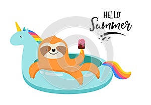 Summer fun illustration with cute sloth on unicorn swimming pool float. Concept vector illustrations, background photo