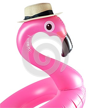 Summer fun isolated. Pink pool inflatable flamingo for summer beach isolated on white background. Funny bird toy for