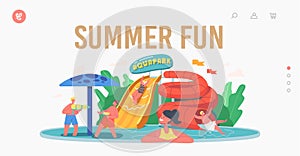 Summer Fun Landing Page Template. Kids Characters in Aquapark, Amusement Aqua Park with Water Attractions for Children