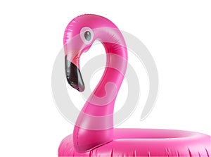 Summer fun. Pink pool inflatable flamingo for summer beach isolated on white background. Luxury lifestyle travel
