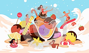 Summer fun pool party in huge bowl with ice cream balls, small young people surfing