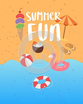 Summer fun on sea beach banner with ocean sand, sun umbrella, swimming flamingo, holiday elements vector illustration.