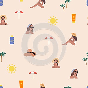 Summer fun. Seamless texture pattern. Sunscreen, beach umbrella, hat, women, sun. Vector