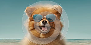 Summer Fun Smiling Pomeranian Dog Wearing Funny Sunglasses on the Beach. Generative AI