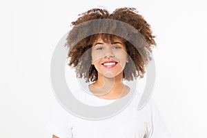 Summer fun time. Portrait of young beautiful brunette dark-skinned woman with curly hair isolated on white background. Girl smile