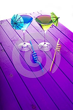 Summer fun vacation. Yellow and blue beach party cocktail drinks