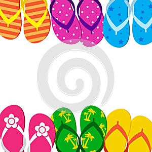 Summer funny background with bright colorful flip flop, foot wear. Space for your text. Vector