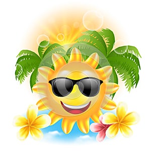 Summer Funny Background with Happy Smiling Sun, Palms, Flowers Frangipani