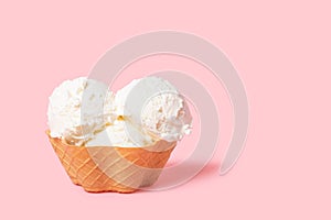 summer funny creative concept of cone with scoops of ice cream on pink background, copy space