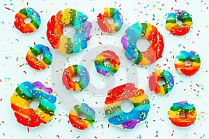 summer funny creative concept of donuts with sprinkles and icing rainbow colors over background