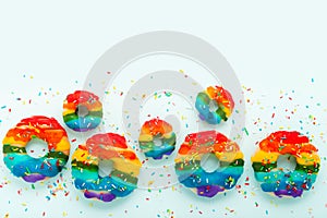 summer funny creative concept of donuts with sprinkles and icing rainbow colors over background, copy space