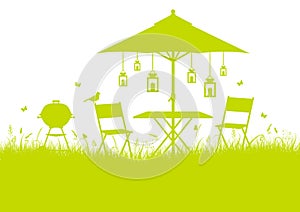 Summer Garden Barbecue Silhouette Horizontal Background Light Green