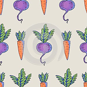 Summer garden carrot, beetroot cartoon vegetable seamless pattern, bright texture