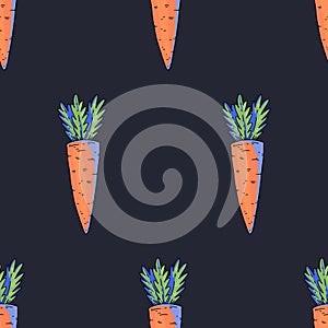 Summer garden carrot, cartoon vegetable seamless pattern, bright texture