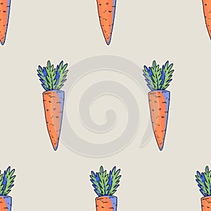 Summer garden carrot, cartoon vegetable seamless pattern, bright texture