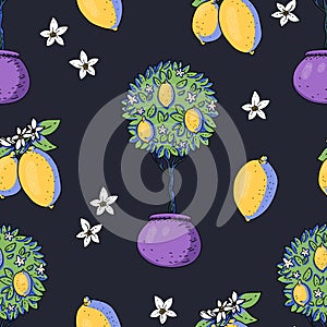 Summer garden lemon fruit seamless pattern with flowers, bright texture