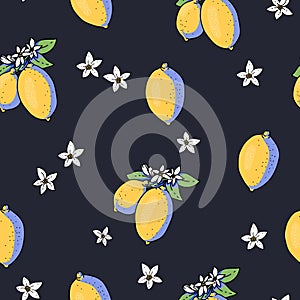 Summer garden lemon fruit seamless pattern with flowers, bright texture