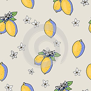 Summer garden lemon fruit seamless pattern with flowers, bright texture