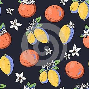 Summer garden lemon fruit seamless pattern with flowers, bright texture