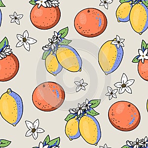 Summer garden lemon orange fruit seamless pattern with flowers, bright texture