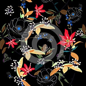 Summer garden night Floral seamless pattern outline blooming f