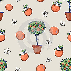 Summer garden orange fruit seamless pattern with flowers, bright texture