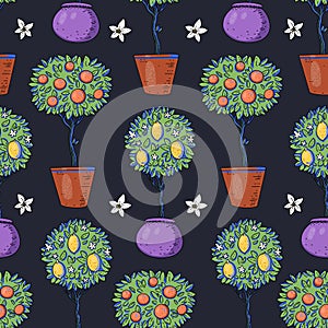 Summer garden orange fruit seamless pattern with flowers, bright texture