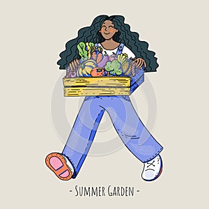 Summer garden people, cartoon character natural greeting card